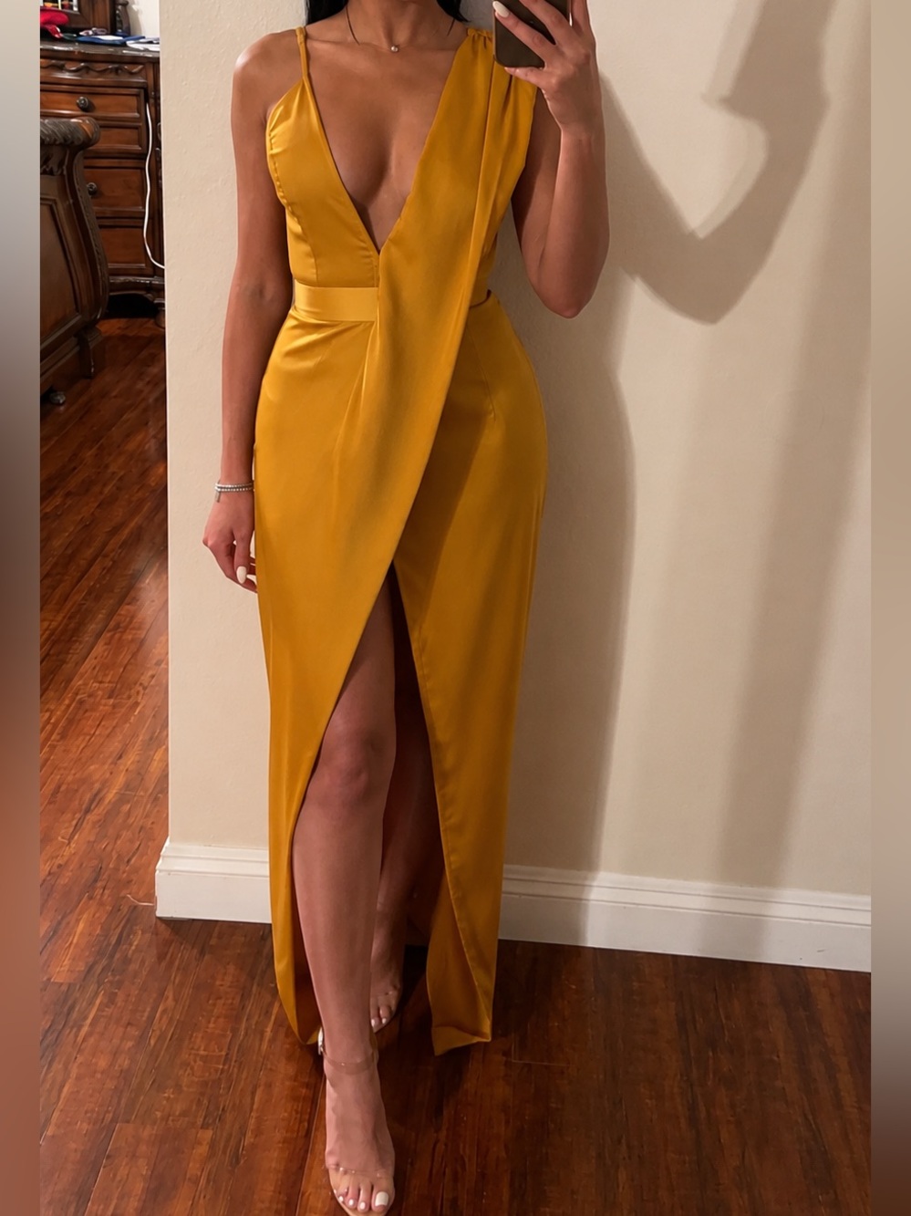 PrettyLittleThing Mustard One-Shoulder Satin Maxi Dress